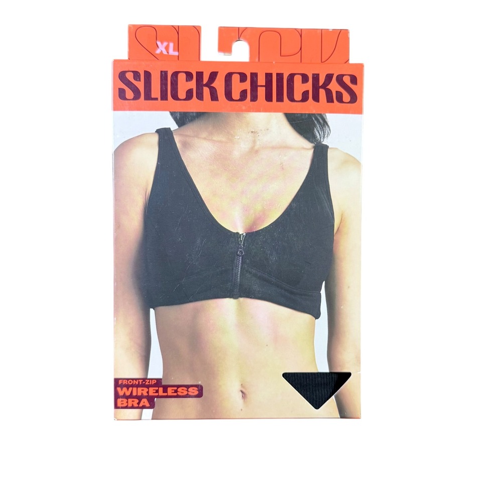 SLICK‎ CHICKS Wireless Front Zip Bra Black XL Full Coverage Comfort Support